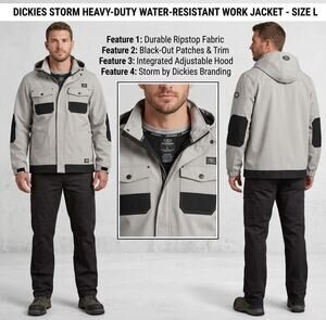 Storm by Dickies Mens Large Gray Black Hooded Softshell Work Jacket Coat